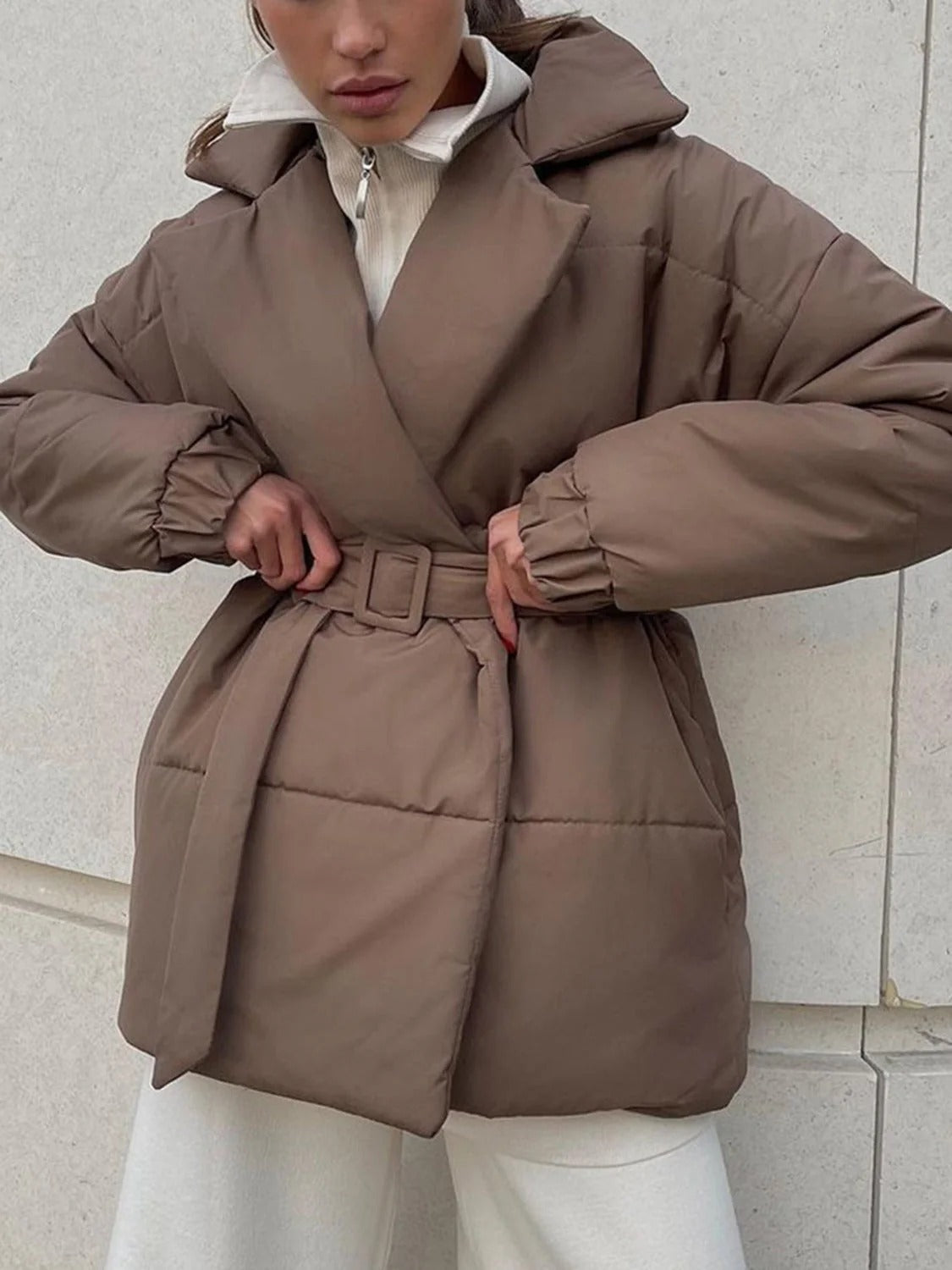 Women’s Belted Puffer Jacket - Wrap Front Quilted Winter Coat
