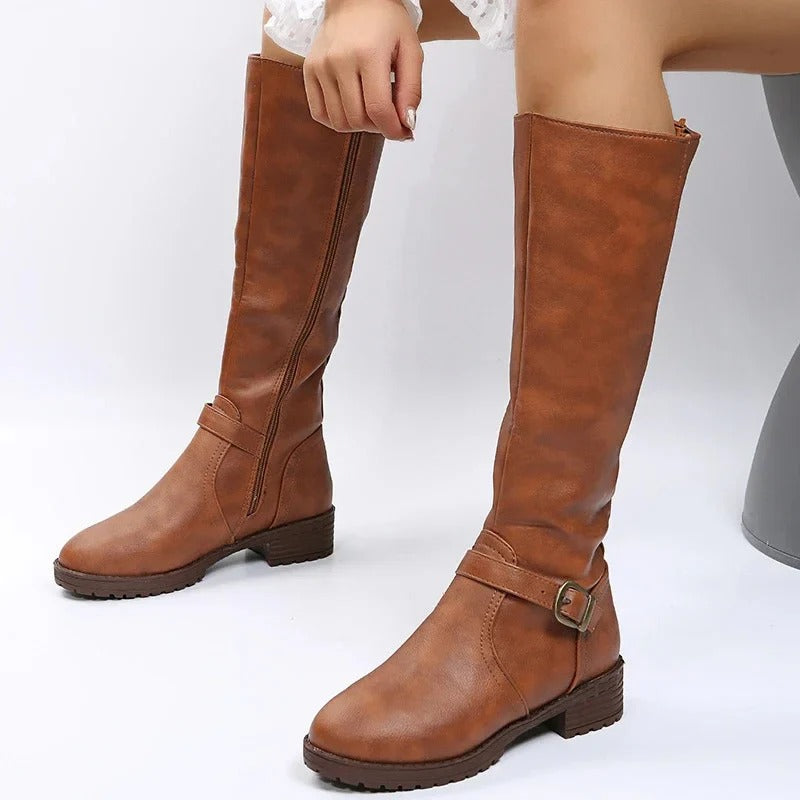 Women’s Knee-High Buckle Boots - Side Zip Low Heel Riding Style