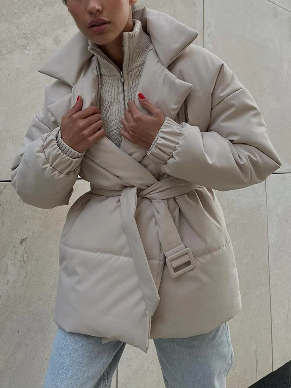 Women’s Belted Puffer Jacket - Wrap Front Quilted Winter Coat