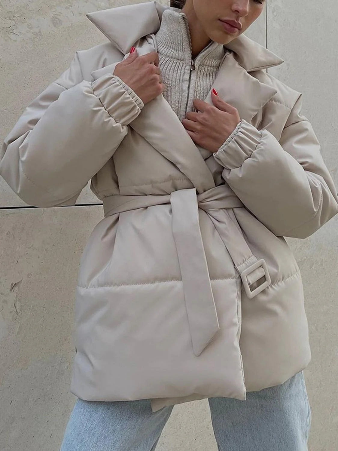 Women’s Belted Puffer Jacket - Wrap Front Quilted Winter Coat