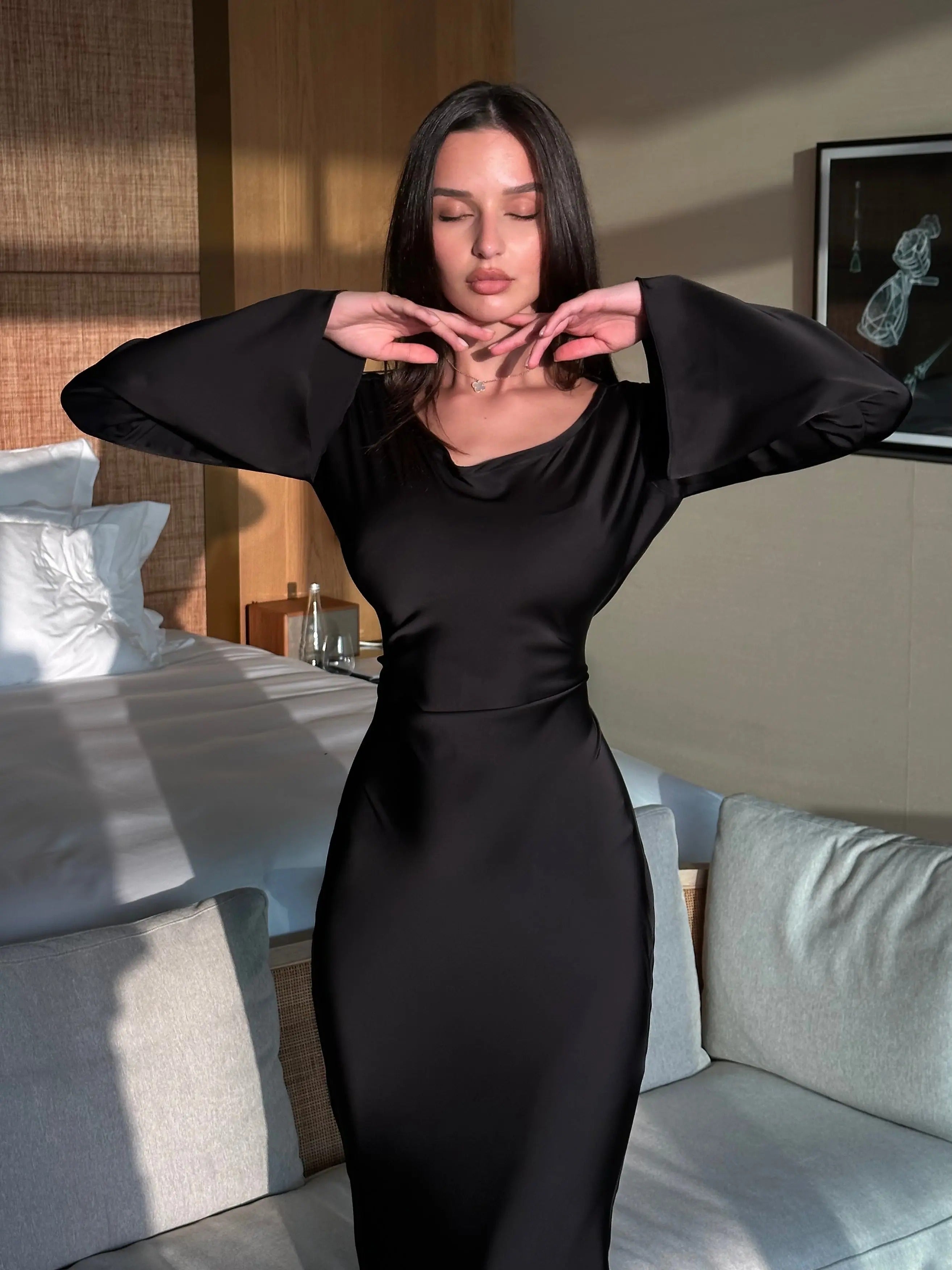 Women’s Elegant Long Sleeve Maxi Dress - Sophisticated Evening Gown