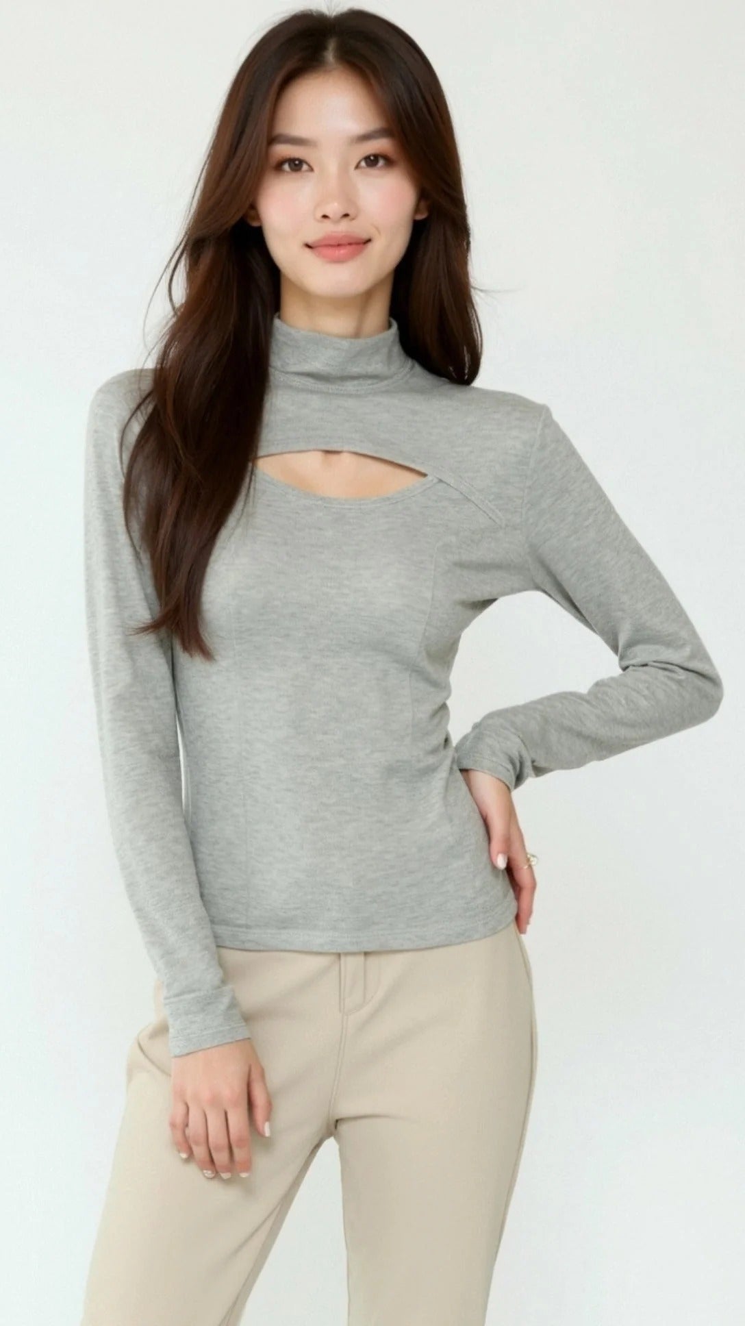 Women’s Cutout Long Sleeve Top - Mock Neck Fitted Blouse