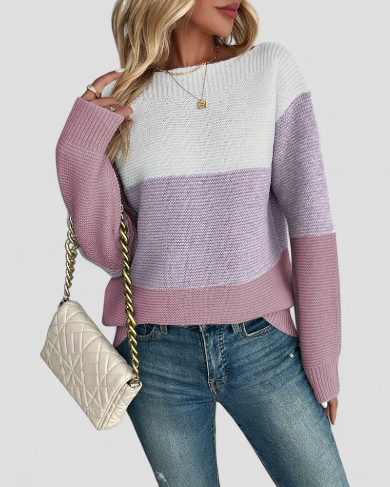 Women’s Colorblock Knit Sweater - Casual Crewneck Pullover