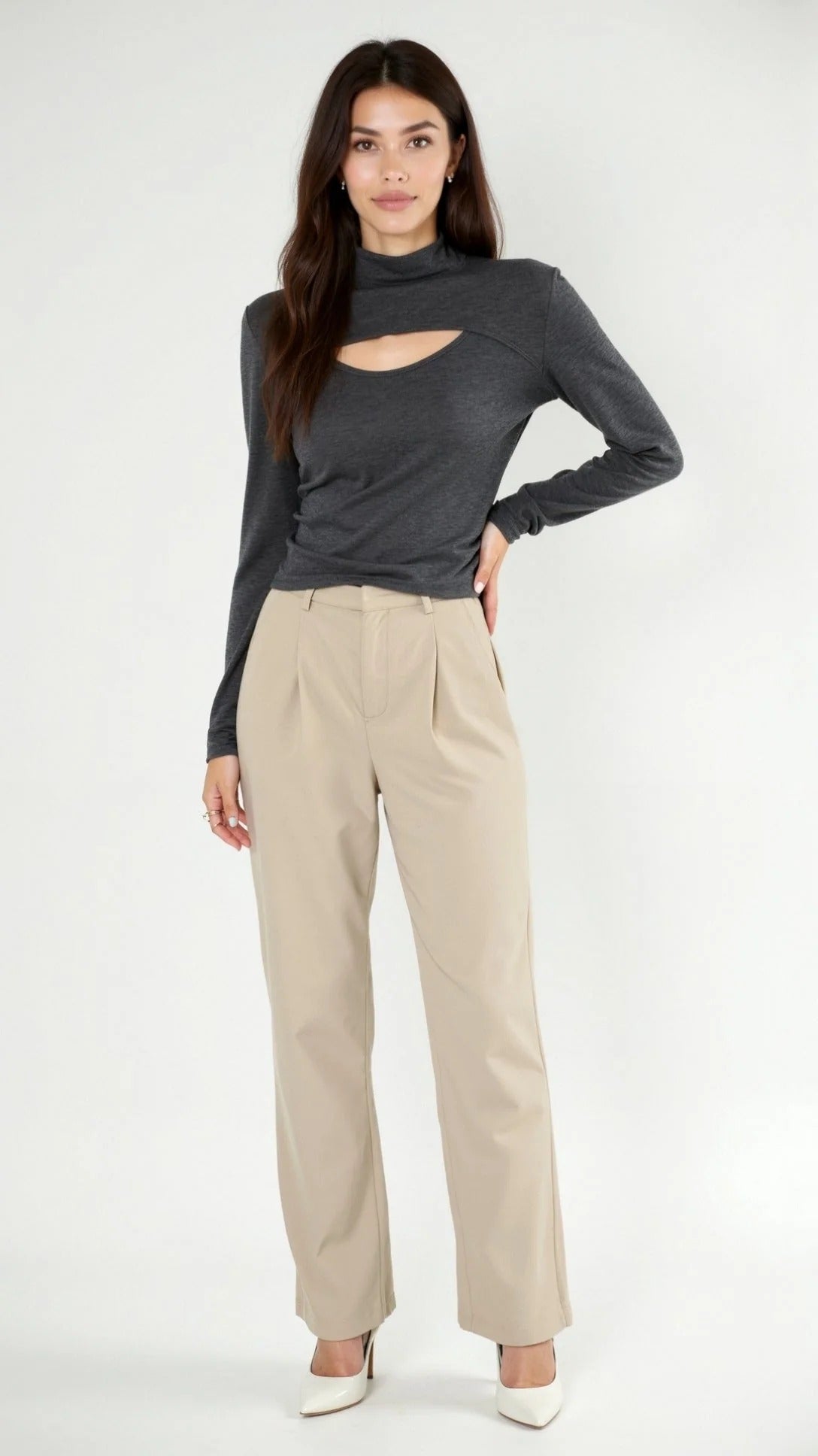 Women’s Cutout Long Sleeve Top - Mock Neck Fitted Blouse