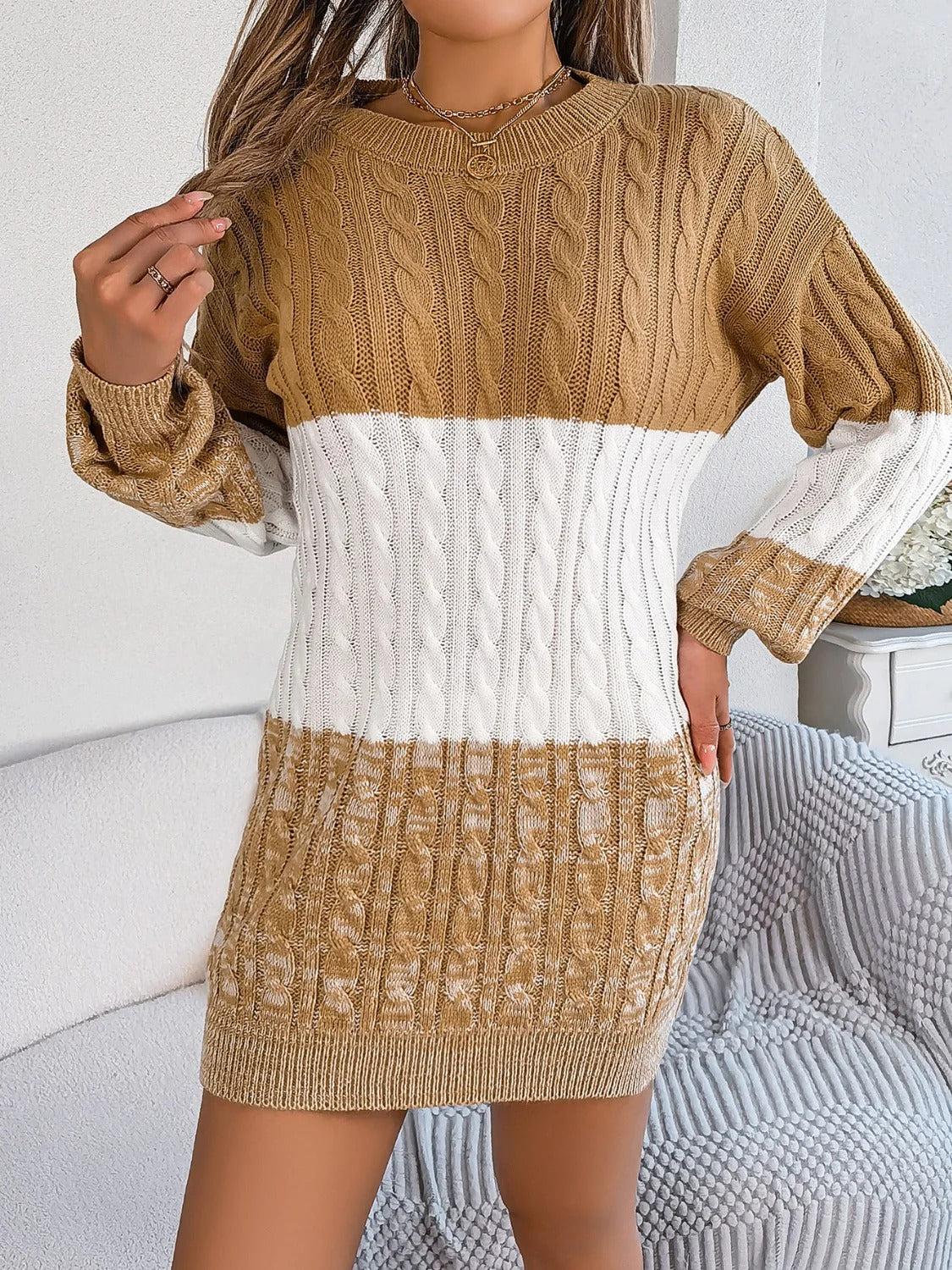 Women’s Cable Knit Sweater Dress - Two-Tone Long Sleeve Mini