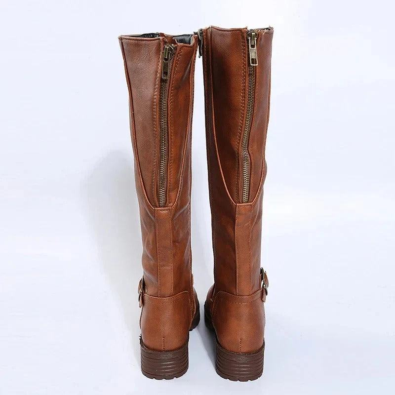 Women’s Knee-High Buckle Boots - Side Zip Low Heel Riding Style
