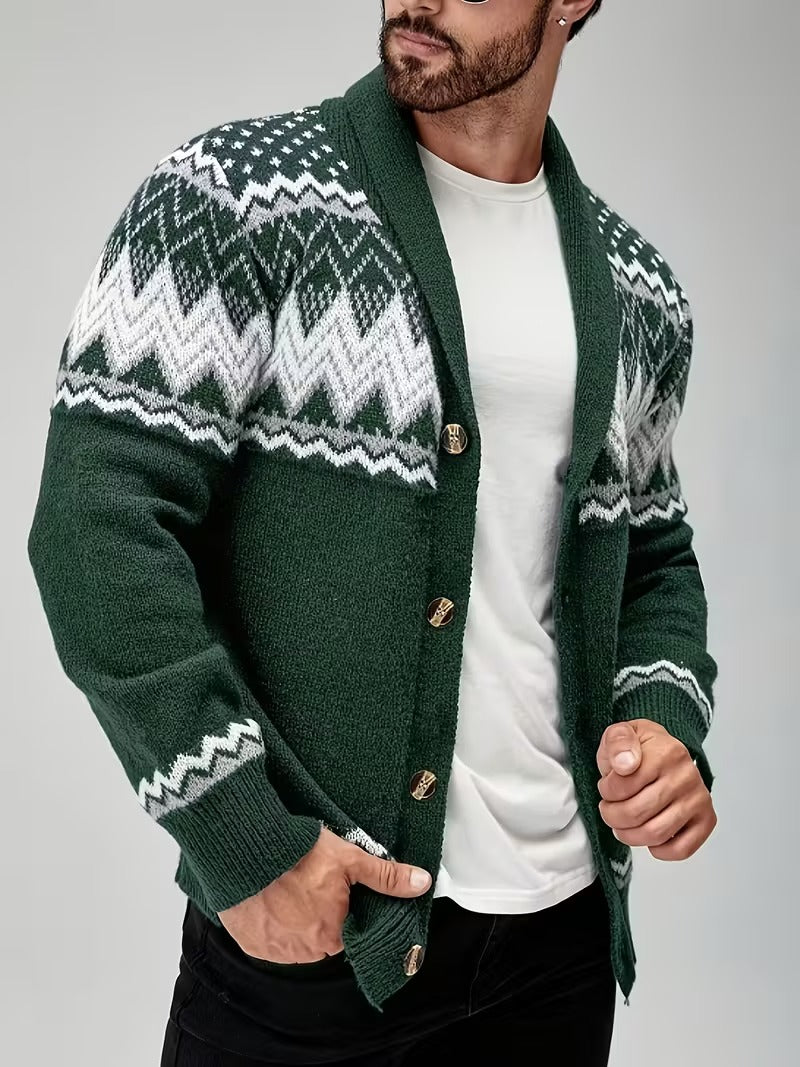 Men’s Nordic Knit Button Cardigan - Shawl Collar Winter Sweater