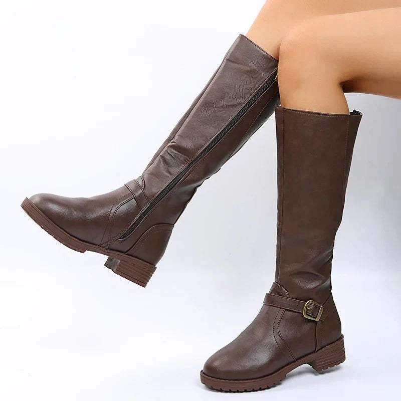 Women’s Knee-High Buckle Boots - Side Zip Low Heel Riding Style