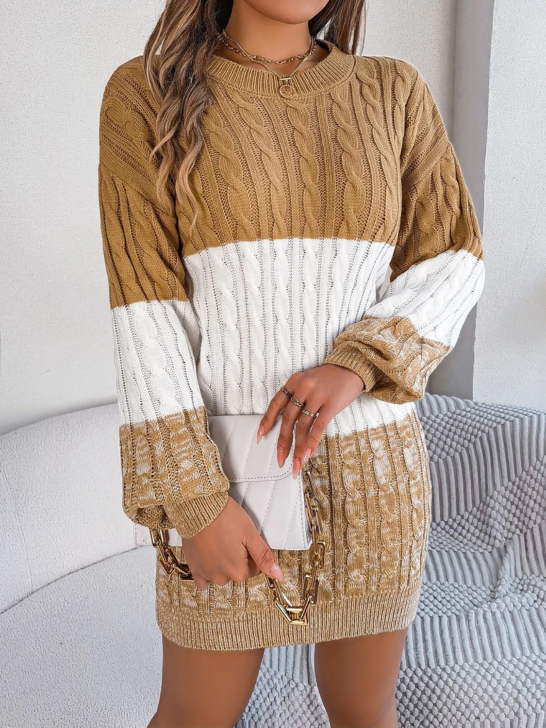 Women’s Cable Knit Sweater Dress - Two-Tone Long Sleeve Mini