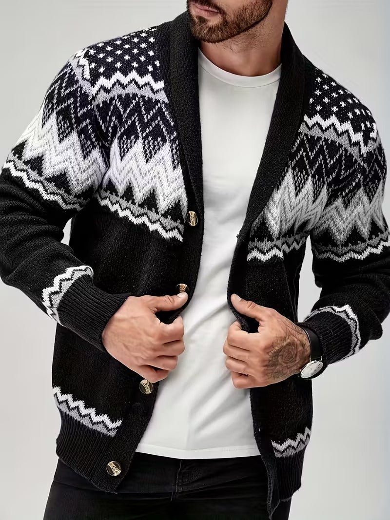 Men’s Nordic Knit Button Cardigan - Shawl Collar Winter Sweater