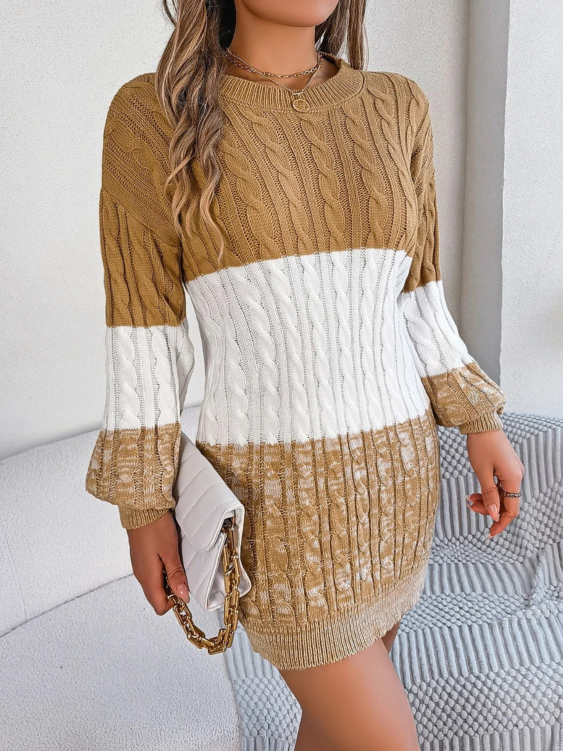 Women’s Cable Knit Sweater Dress - Two-Tone Long Sleeve Mini