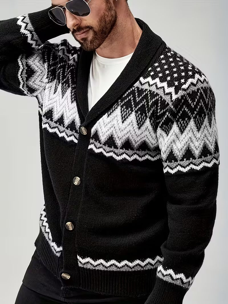 Men’s Nordic Knit Button Cardigan - Shawl Collar Winter Sweater