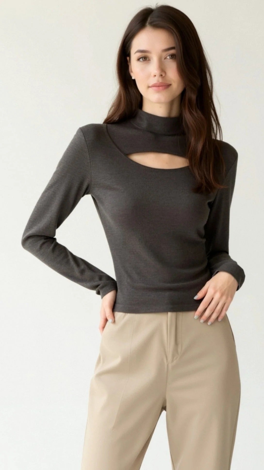 Women’s Cutout Long Sleeve Top - Mock Neck Fitted Blouse