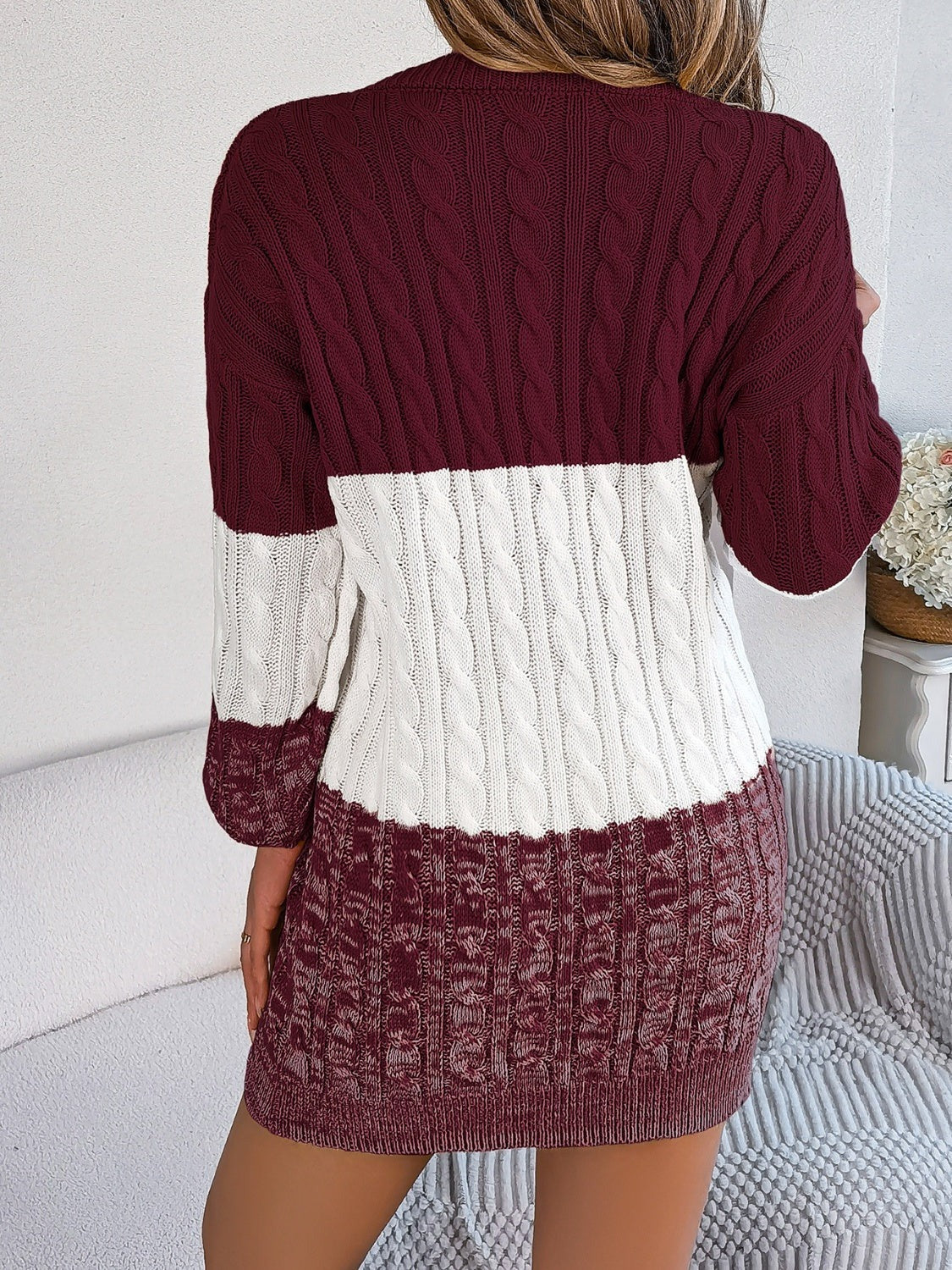 Women’s Cable Knit Sweater Dress - Two-Tone Long Sleeve Mini