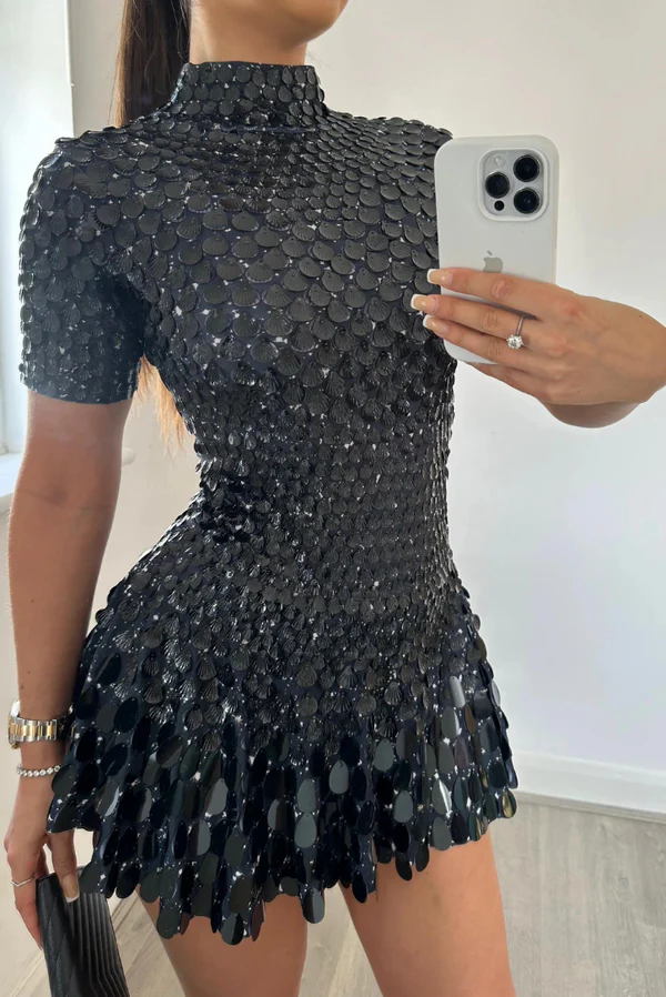 Women’s Sequin Mini Dress - Short Sleeve Party Cocktail Outfit