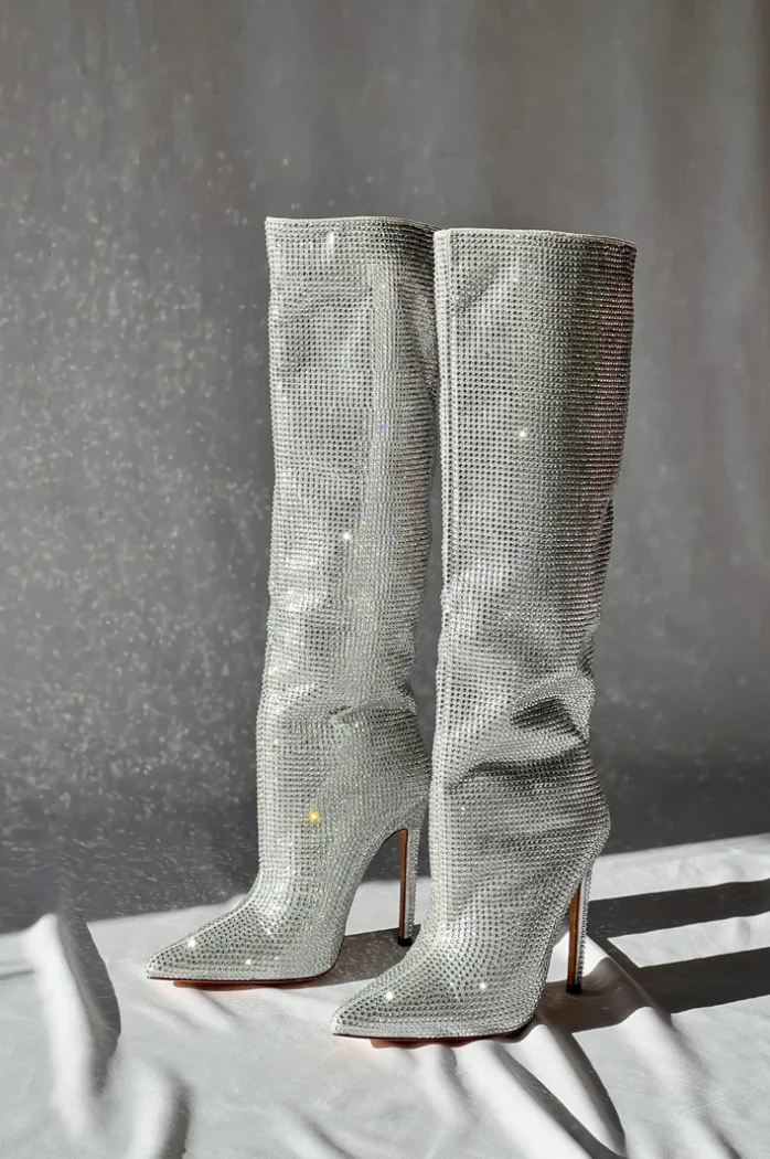 Women’s Knee-High Stiletto Boots - Pointed Toe Crystal Detailing