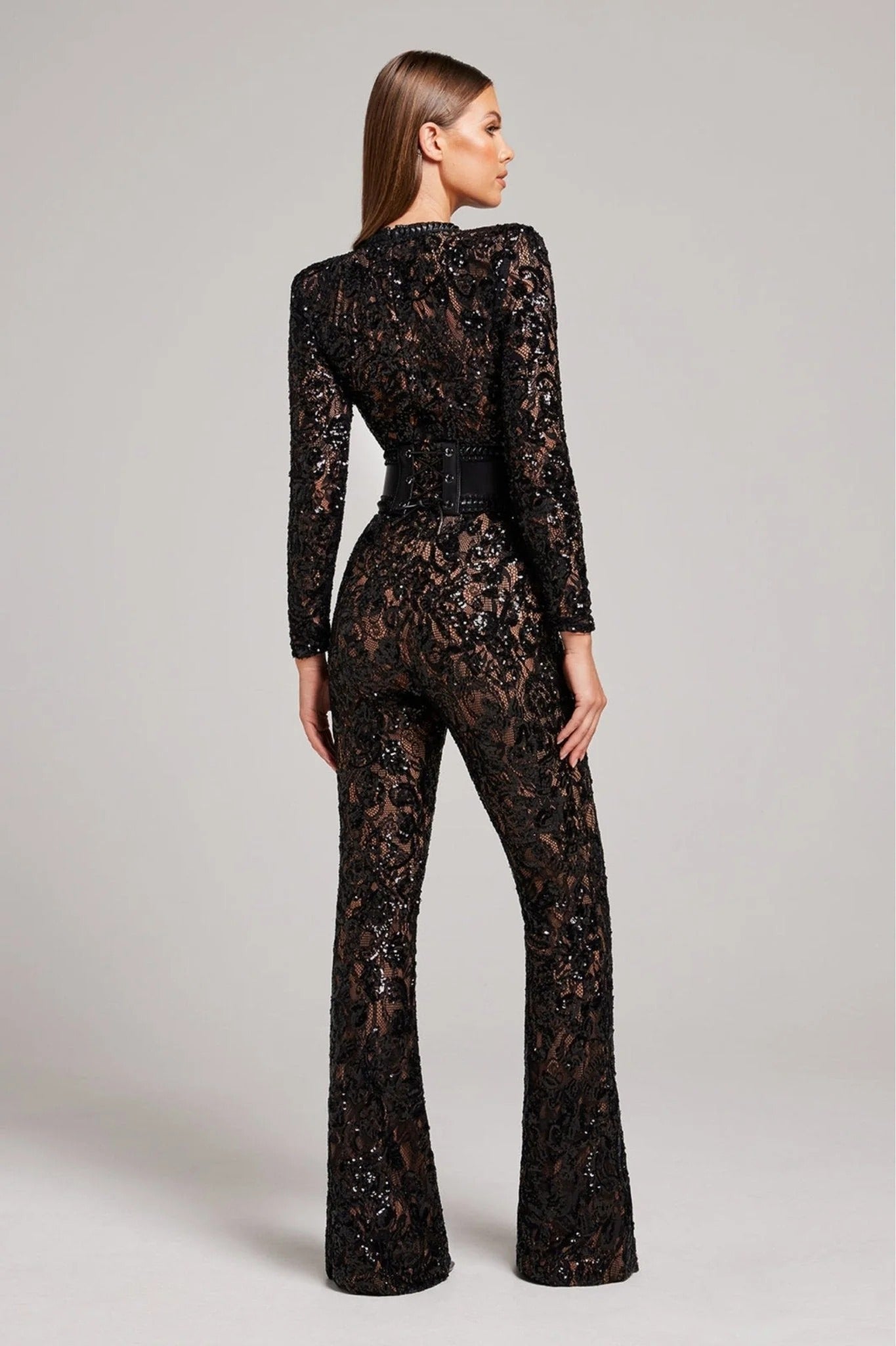 Women’s Lace Flare Jumpsuit - Long Sleeve Sheer Evening Wear