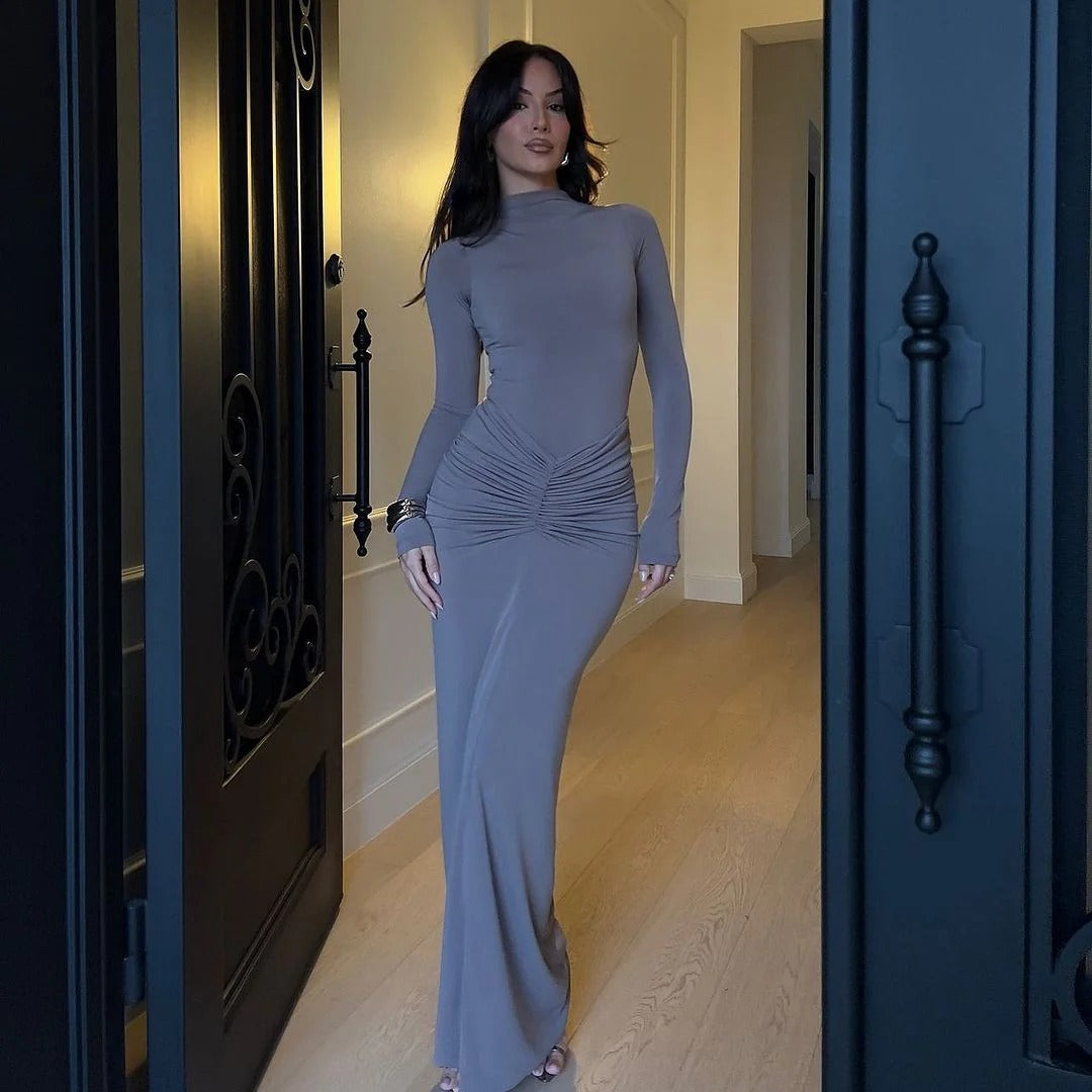 Women’s Long Sleeve Maxi Dress - High Neck Ruched Evening Gown