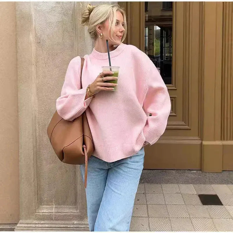 Women’s Oversized Crew Neck Sweater - Relaxed Long Sleeve Pullover
