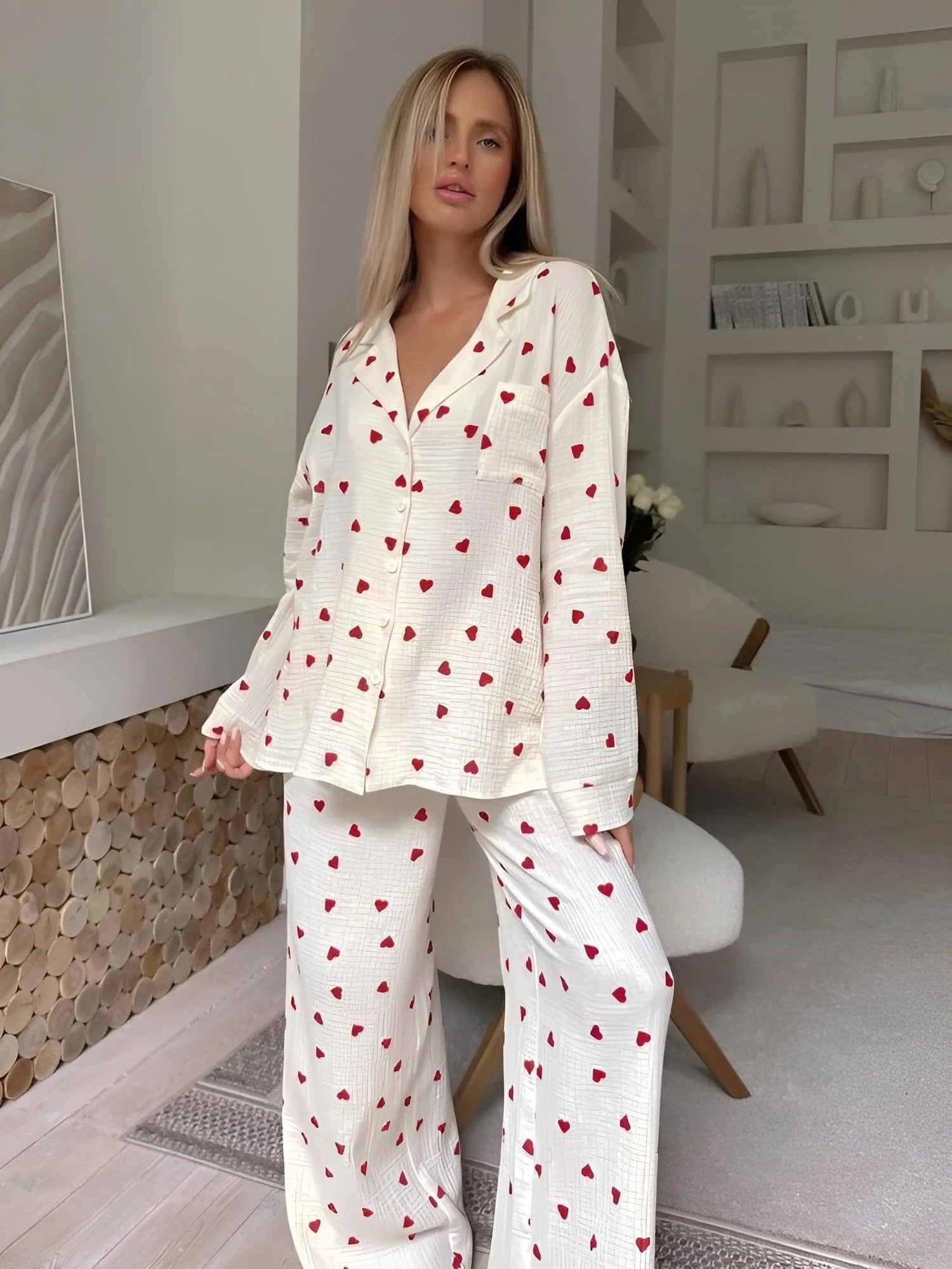 Women’s Heart Print Pajama Set – Button-Up Relaxed Sleepwear