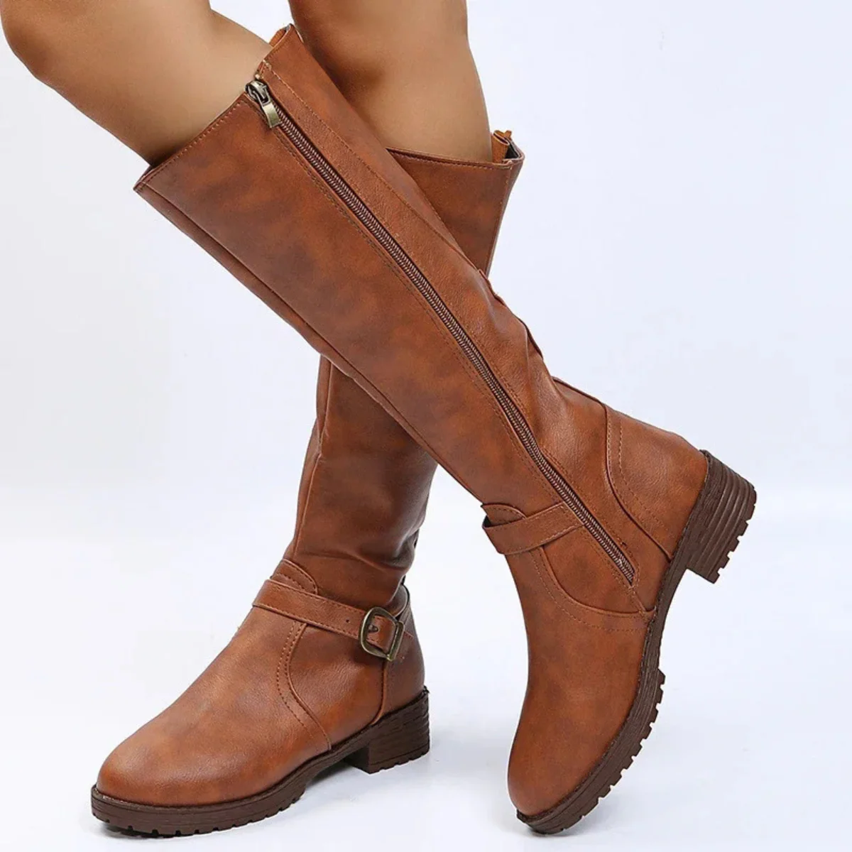 Women’s Knee-High Buckle Boots - Side Zip Low Heel Riding Style