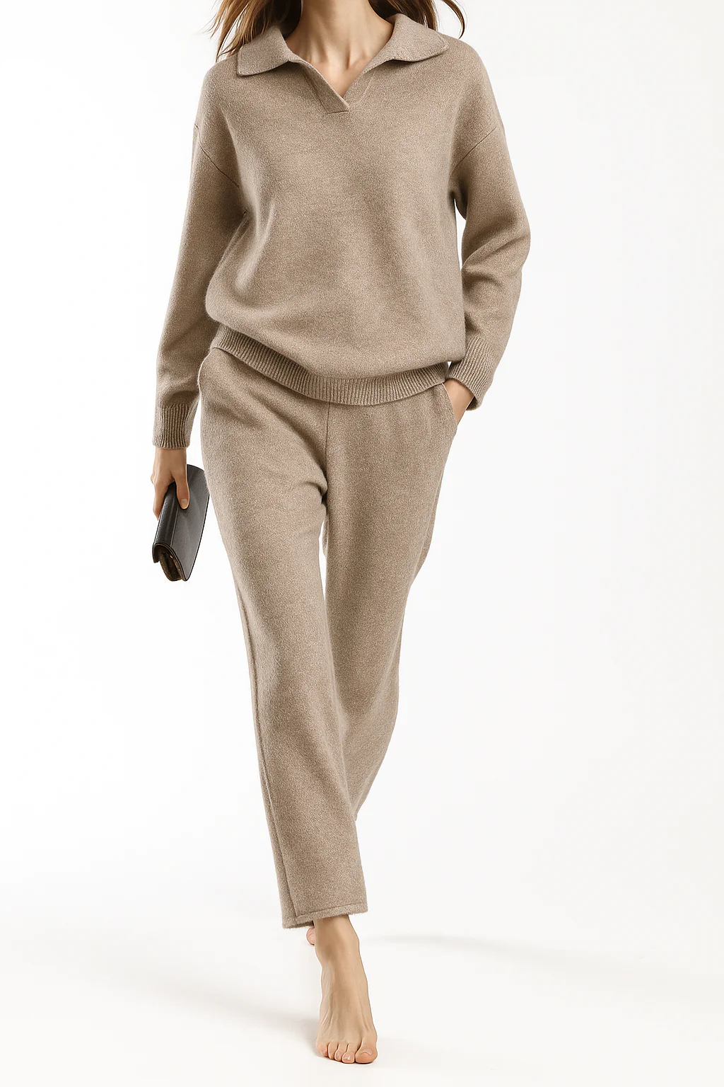 Women’s Knit Loungewear Set - Collared Sweater Relaxed Trousers