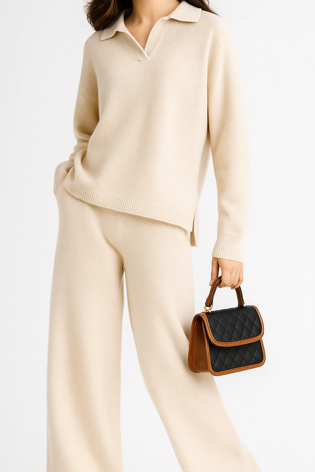 Women’s Knit Loungewear Set - Collared Sweater Relaxed Trousers