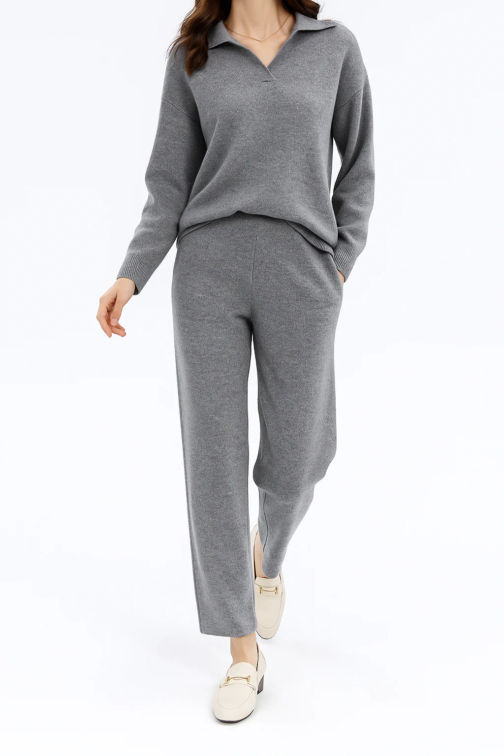 Women’s Knit Loungewear Set - Collared Sweater Relaxed Trousers