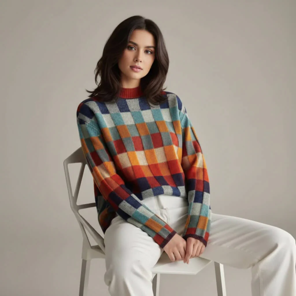 Women’s Checkered Crewneck Sweater - Long Sleeve Pullover