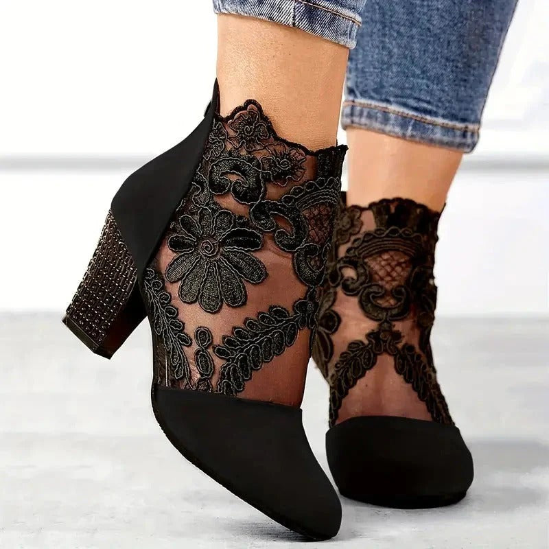 Women’s Aria Lace-Panel Block Heel Ankle Boots