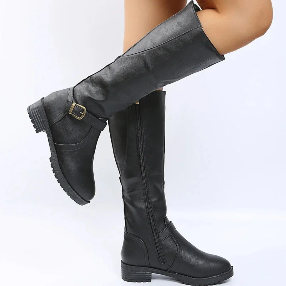Women’s Knee-High Buckle Boots - Side Zip Low Heel Riding Style