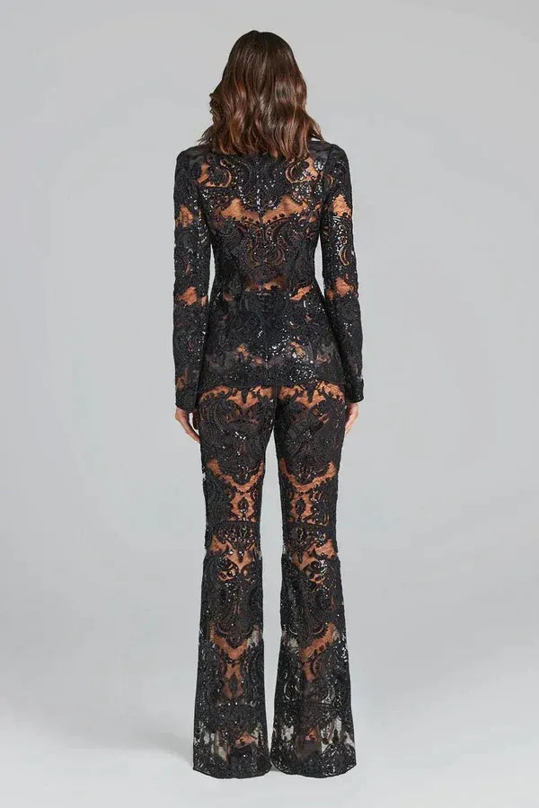 Women’s Lace Sequin Blazer and Pants Set - Elegant Evening Two-Piece Outfit