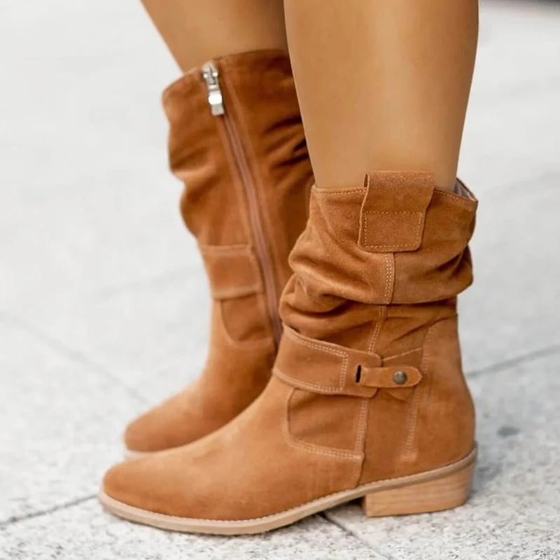 Women’s Slouch Ankle Boots - Side Zip Strap Detail Low Heel