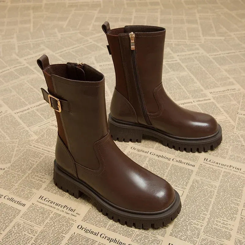 Women’s Mid-Calf Boots - Chunky Sole Buckle Side Zip