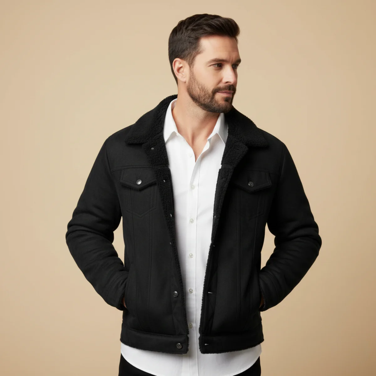 Men’s Shearling-Collar Trucker Jacket - Classic Winter Outerwear