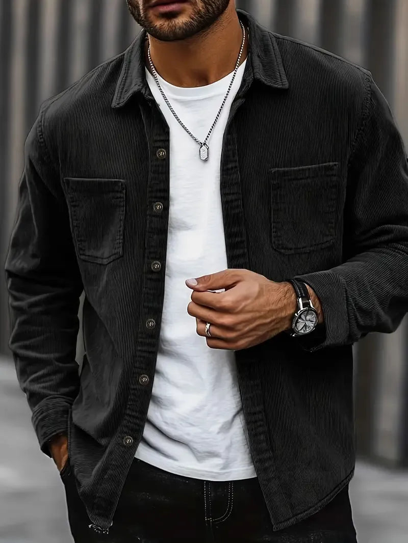 Men’s Corduroy Button-Up Shirt - Casual Winter Overshirt