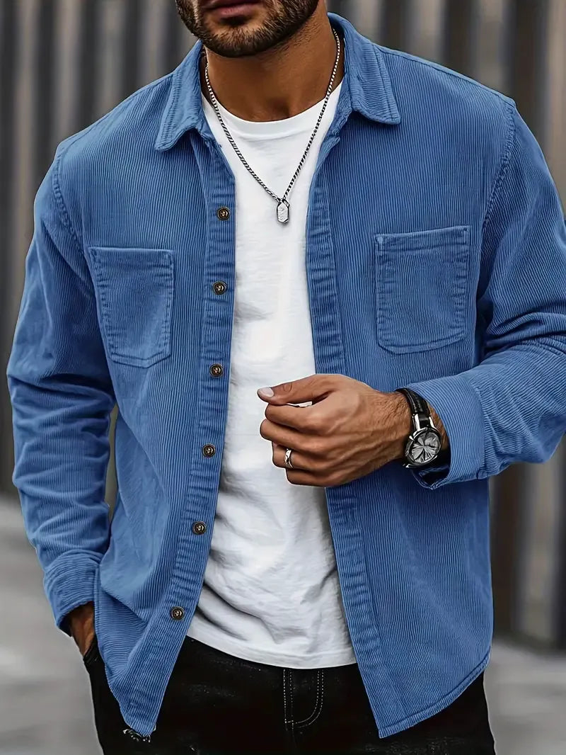 Men’s Corduroy Button-Up Shirt - Casual Winter Overshirt