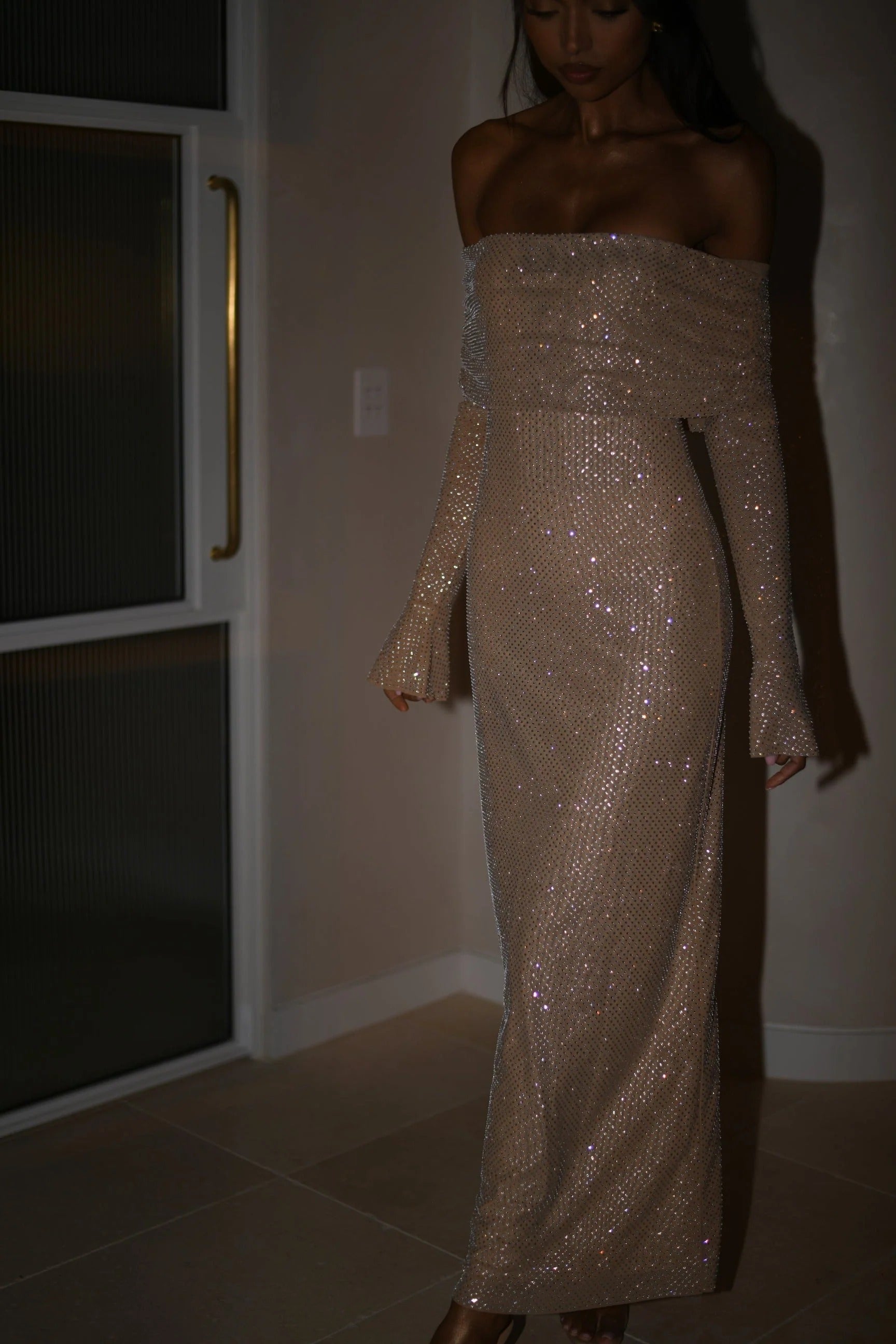 Women’s Off-Shoulder Sequin Evening Gown - Elegant Long Sleeve Dress