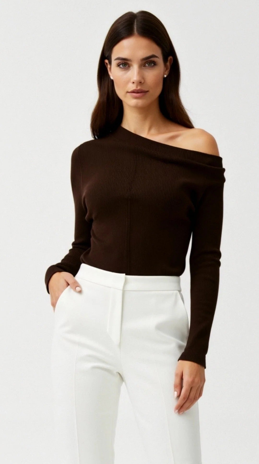Women’s One-Shoulder Ribbed Knit Top - Asymmetric Long Sleeve