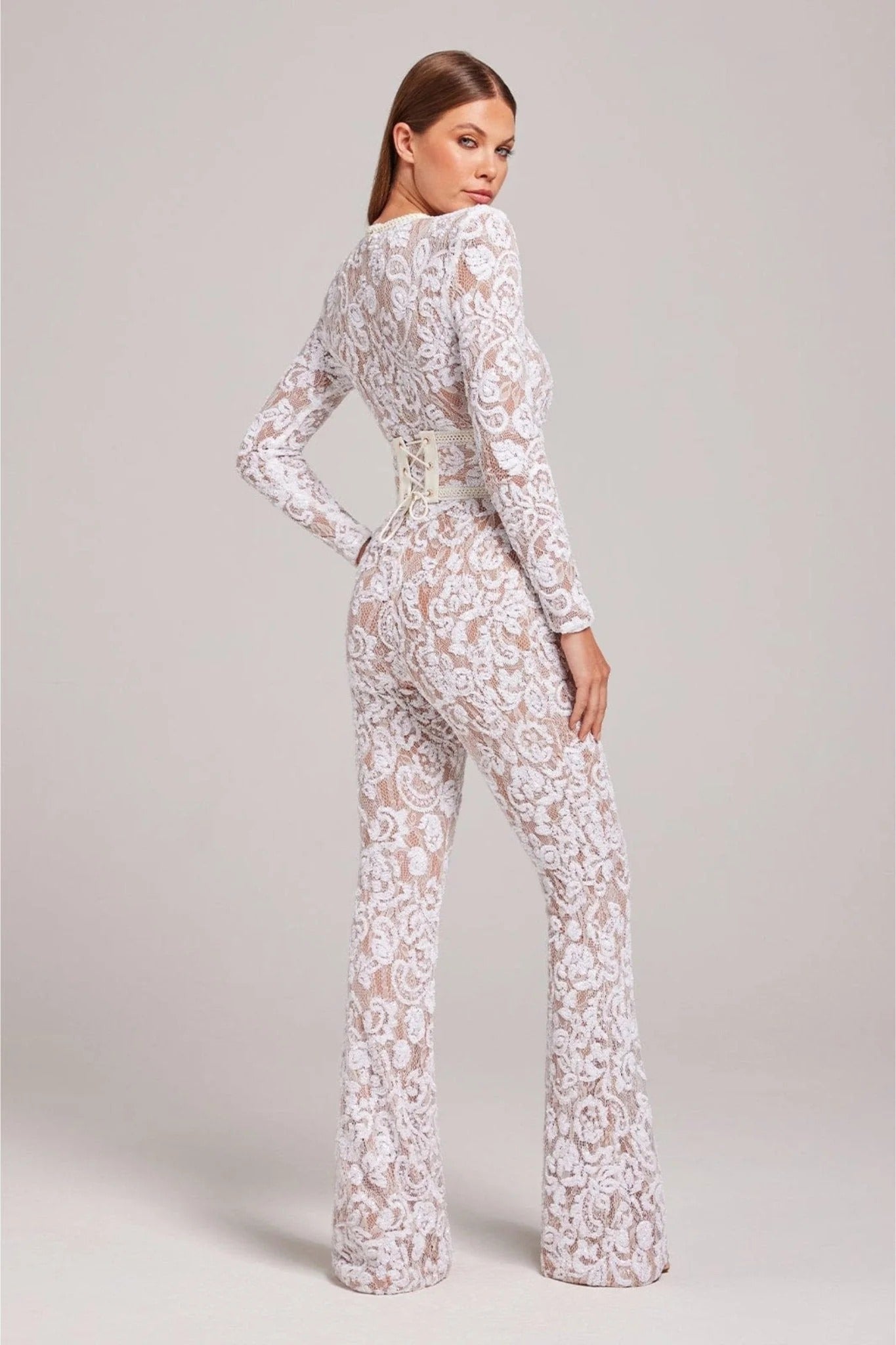 Women’s Lace Flare Jumpsuit - Long Sleeve Sheer Evening Wear
