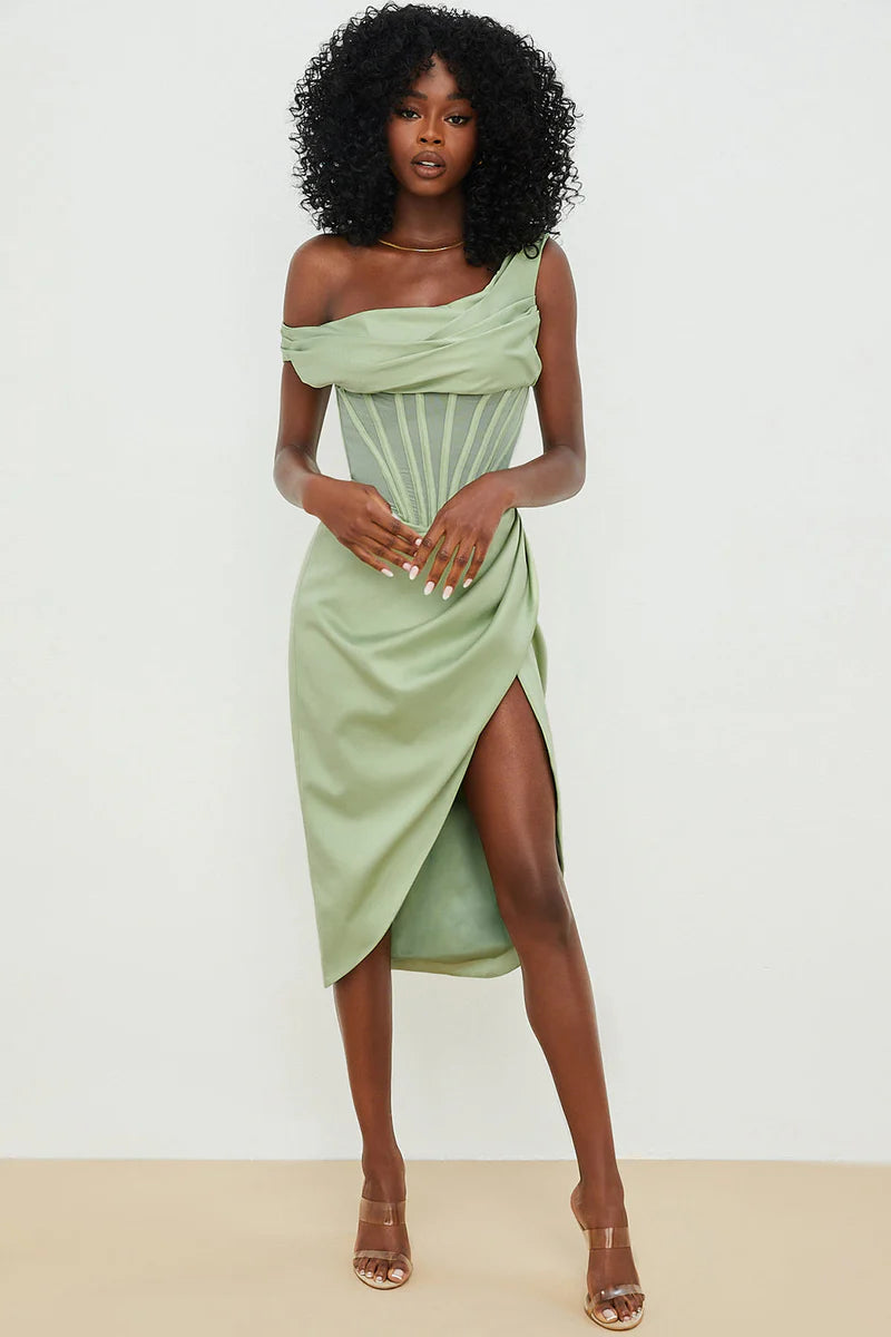 Kathy - Asymmetrical Draped Midi Corset Dress