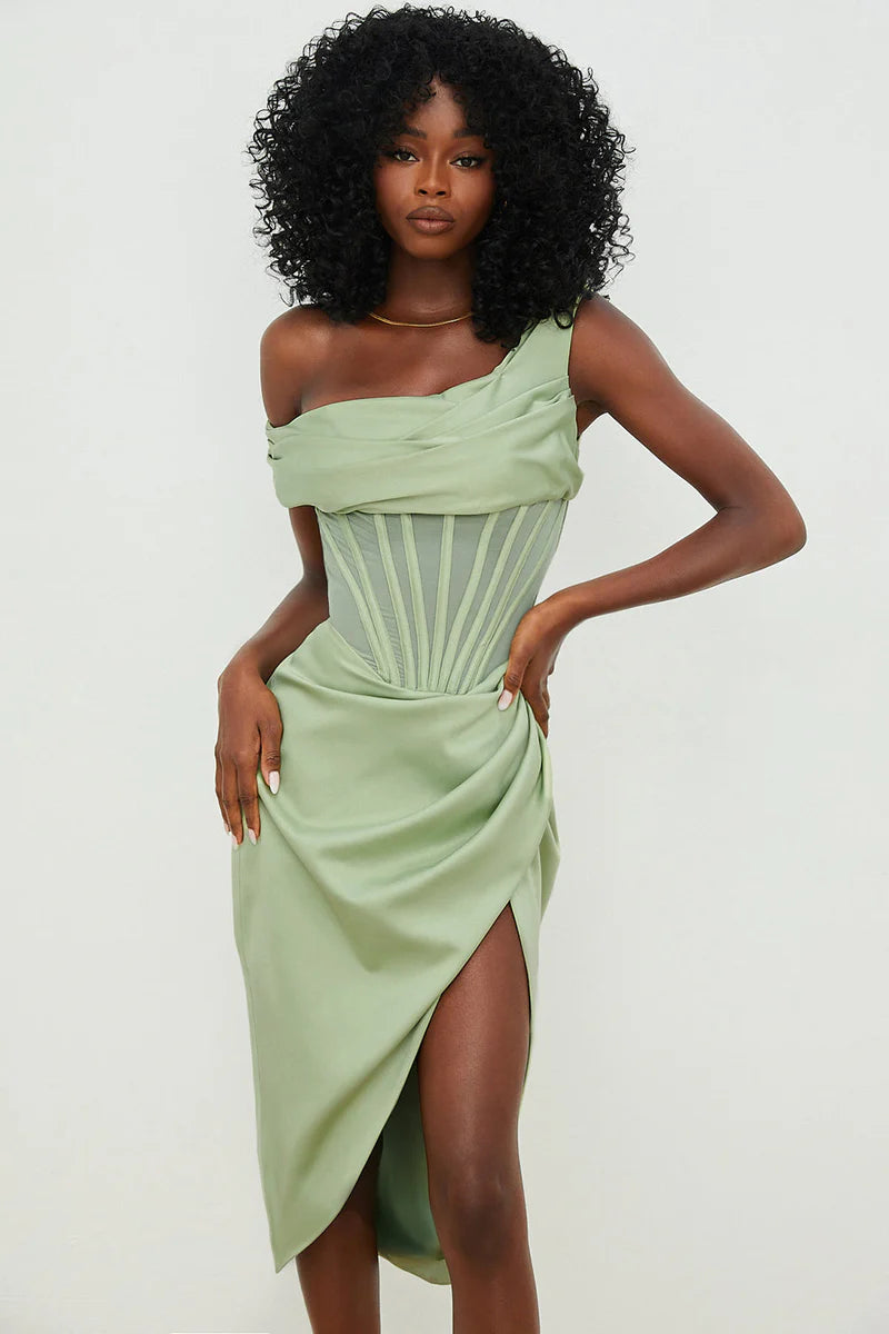 Kathy - Asymmetrical Draped Midi Corset Dress