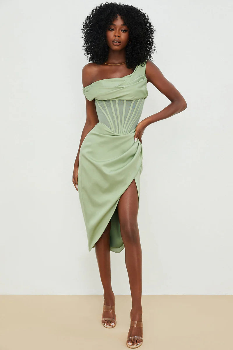 Kathy - Asymmetrical Draped Midi Corset Dress