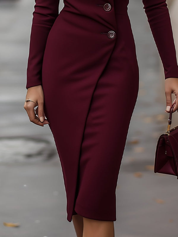 Women’s Wrap-Style Midi Dress - Long-Sleeve Bodycon Silhouette
