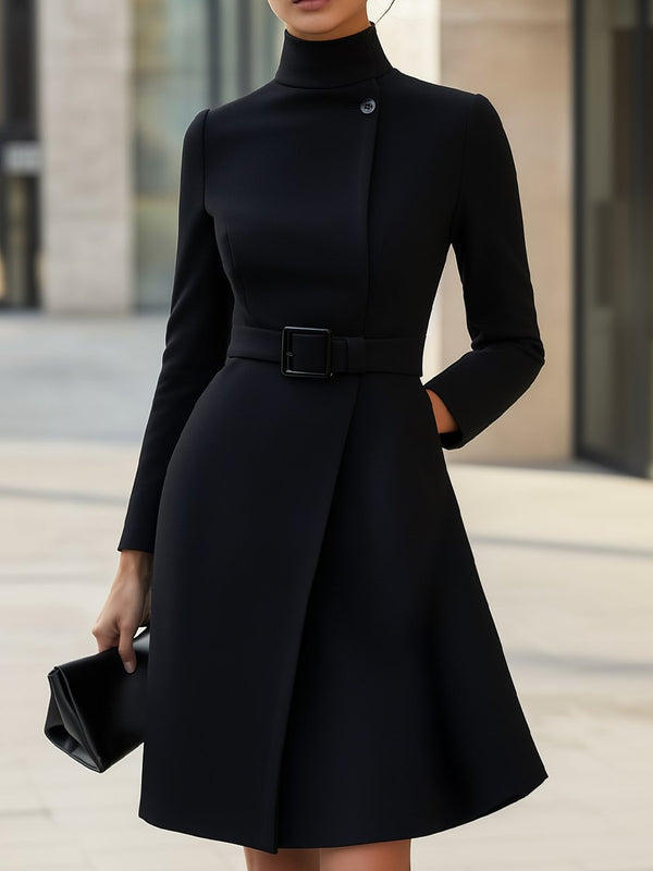 Women’s Elegant Belted High-Neck A-Line Dress - Asymmetric Detail
