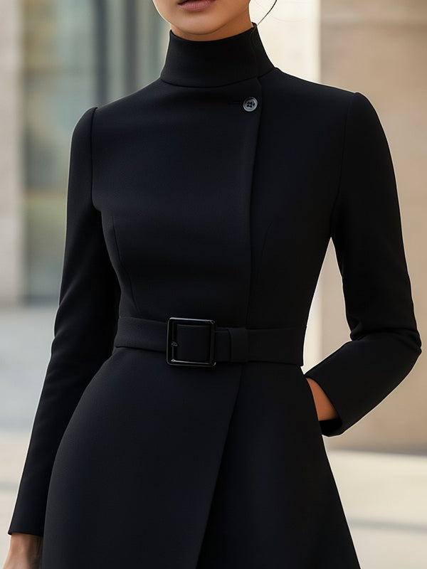 Women’s Elegant Belted High-Neck A-Line Dress - Asymmetric Detail