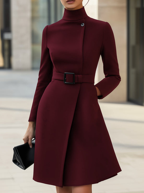 Women’s Elegant Belted High-Neck A-Line Dress - Asymmetric Detail