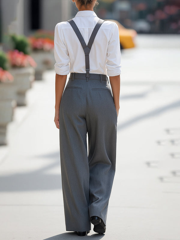 Women’s Classic Wide-Leg Trouser Set - Button-Up Shirt with Suspenders