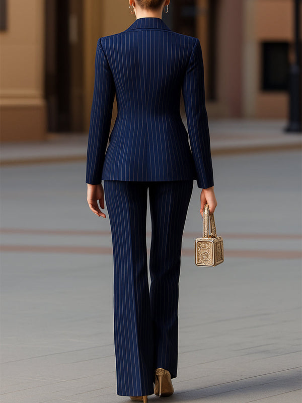 Women’s Double-Breasted Suit Set – Tailored Pinstripe Blazer and Trousers
