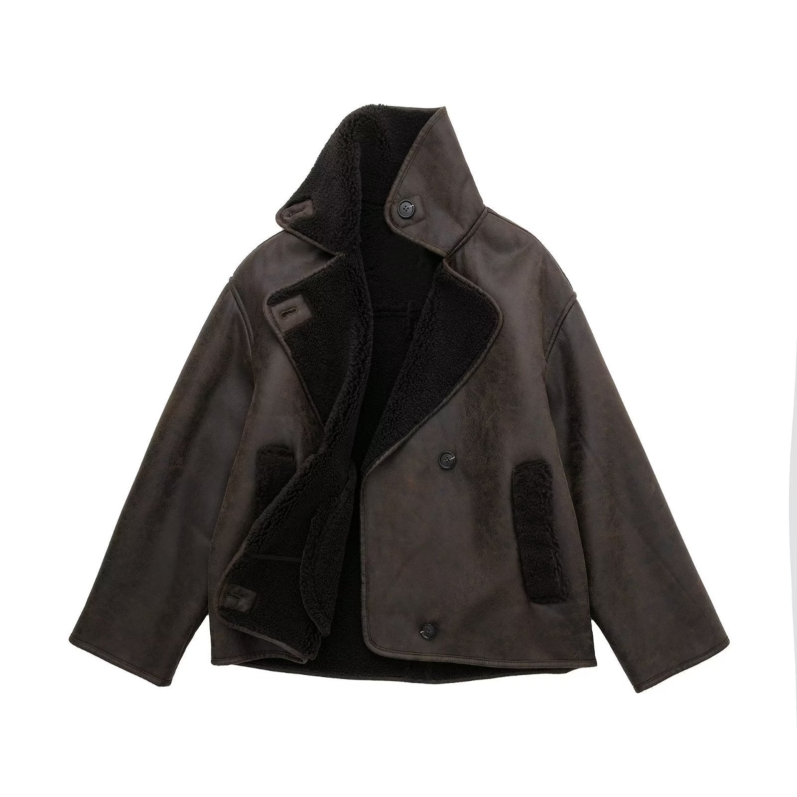 Women’s Oversized Shearling Aviator Jacket - Wide Collar Cuffed Sleeves
